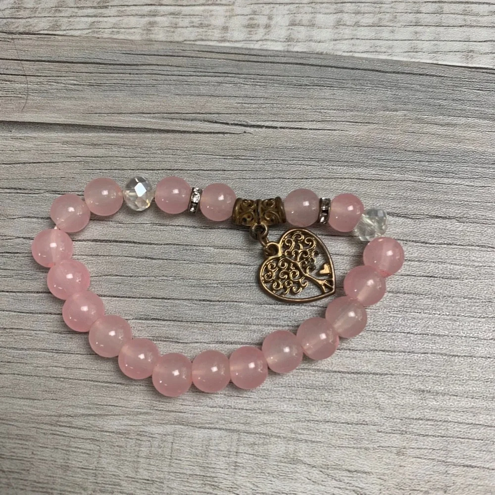 Pink Beaded Stretch Bracelet Tree of Life Heart Charm Bronze Tone Boho 6.5in